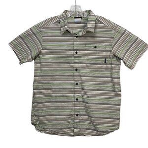 Columbia Men's Large Shirt Button Up Gray Green Stripe Short Sleeve Pocket​